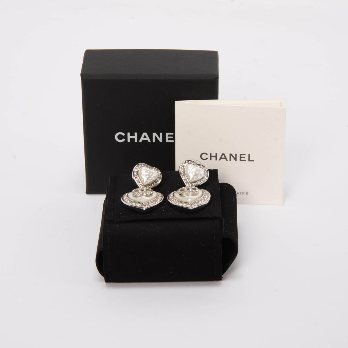 Chanel Silver Pearl & Crystal CC Heart Drop Earrings