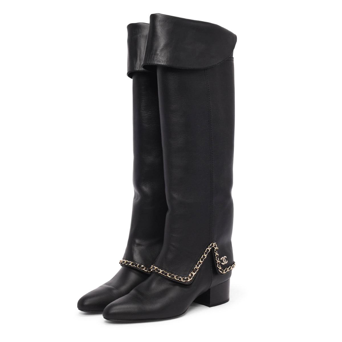 Chanel Black Calfskin Knee High Chain Trim Boots 40.5
