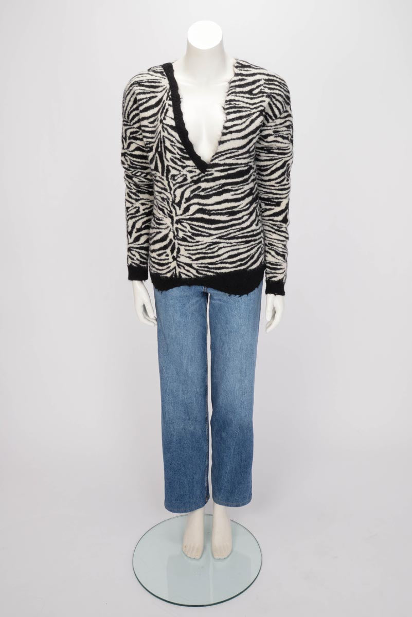 Saint Laurent Black & White Mohair Blend Zebra Sweater XS
