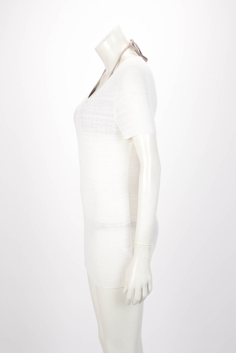 Chanel Ivory Cotton Pointelle CC Top FR 48