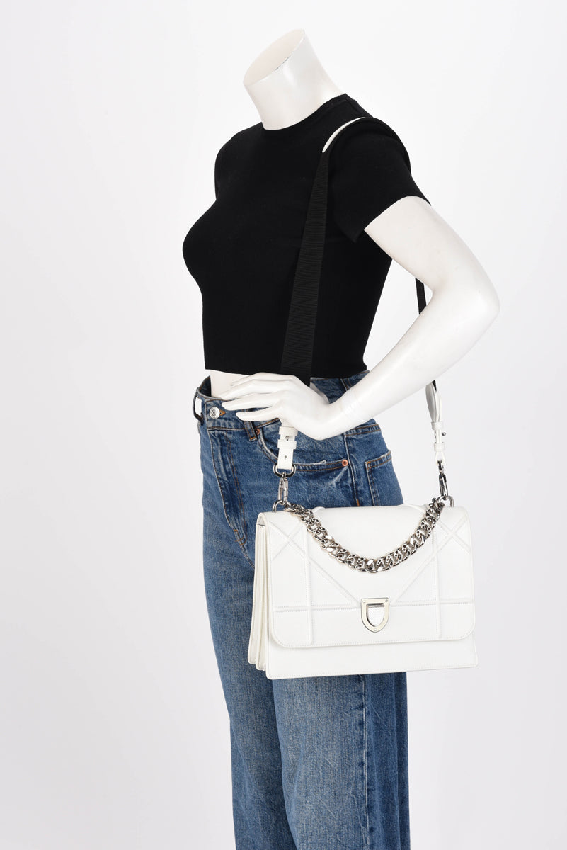 Dior White Grained Calfskin Diorama Flap Large Bag