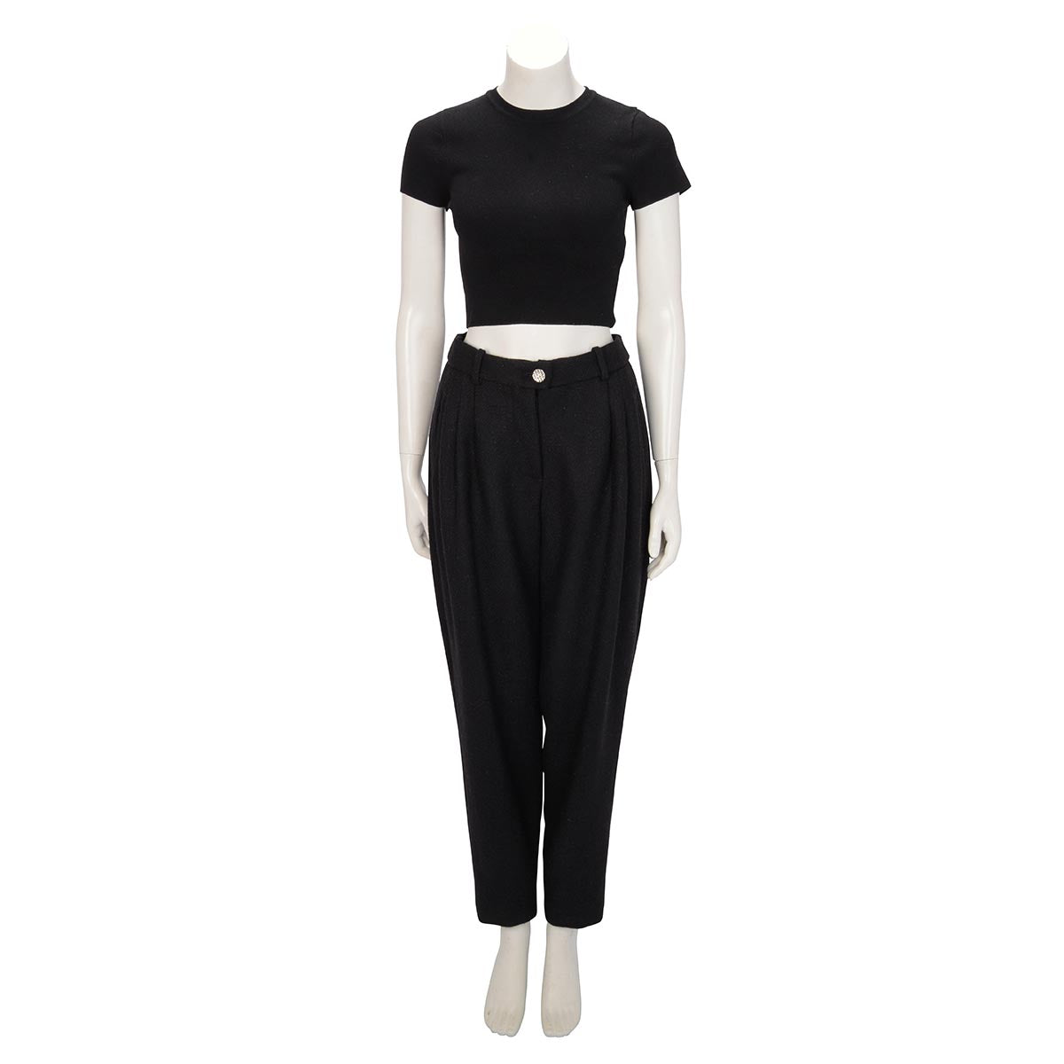 Chanel Black Wool Crystal CC Button Pants FR 38