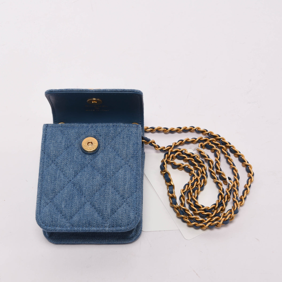 Chanel Blue Quilted Denim Flap Clutch With Chain