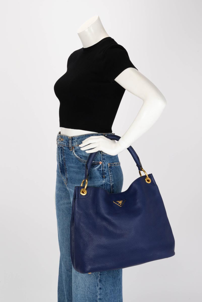 Prada Blue Vitello Daino Hobo Shoulder Bag