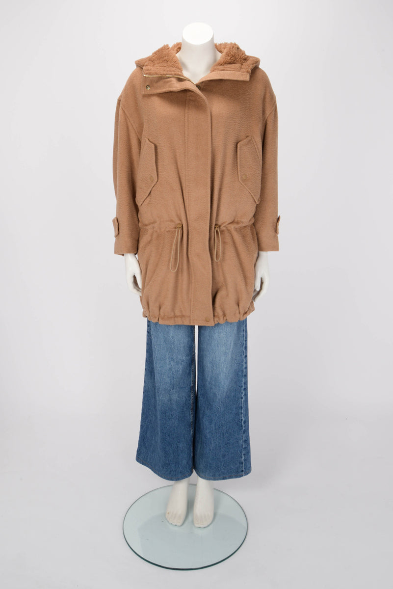 Max Mara Camel Dionea Drawstring Hooded Coat IT 36