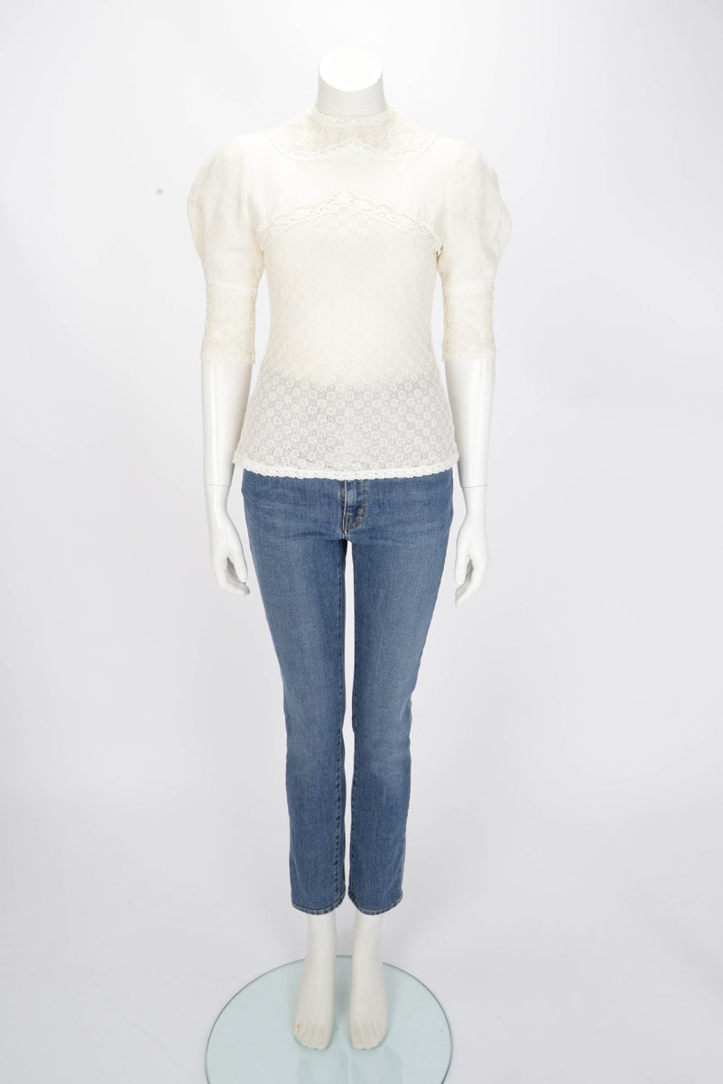 Isabel Marant Ivory Linen Floral Lace Detail Blouse FR 36
