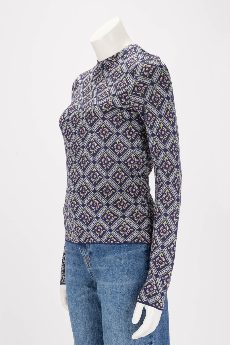 Paco Rabanne Blue Metallic Jacquard Knit Long Sleeve Top S