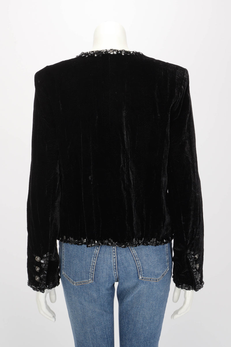 Chanel Black Crushed Velvet Beaded Trim Jacket FR 42