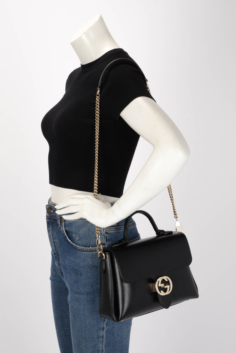 Gucci Black Dollar Calfskin Interlocking G Top Handle Bag