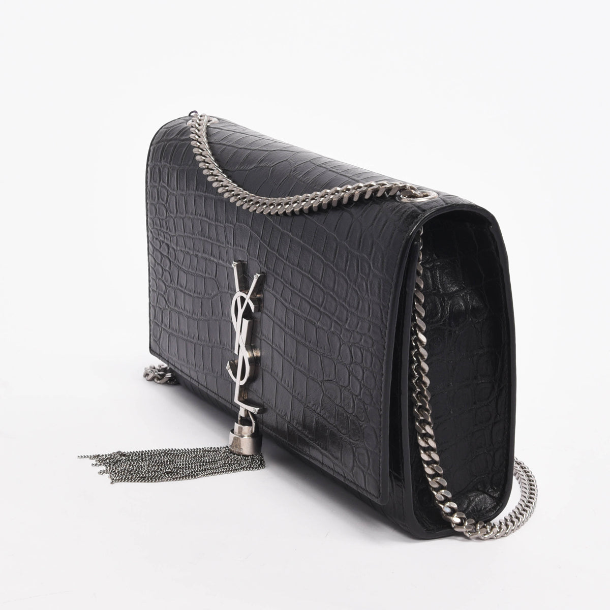 Saint Laurent Black Croc Embossed Medium Kate Tassel Bag