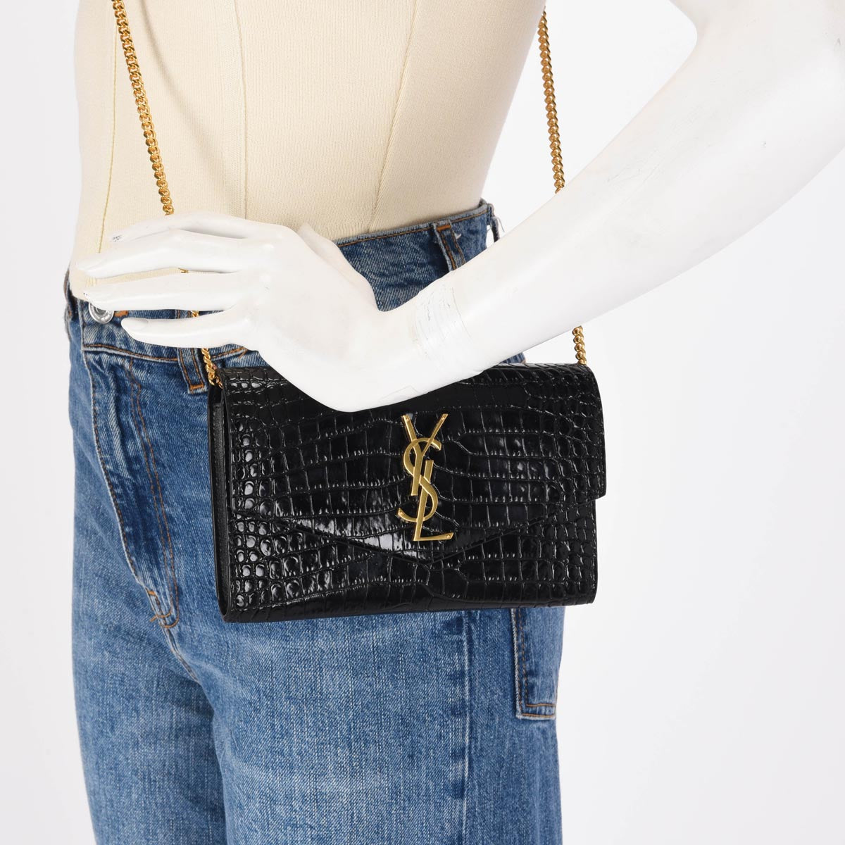 Saint Laurent Black Croc Embossed Uptown Chain Wallet