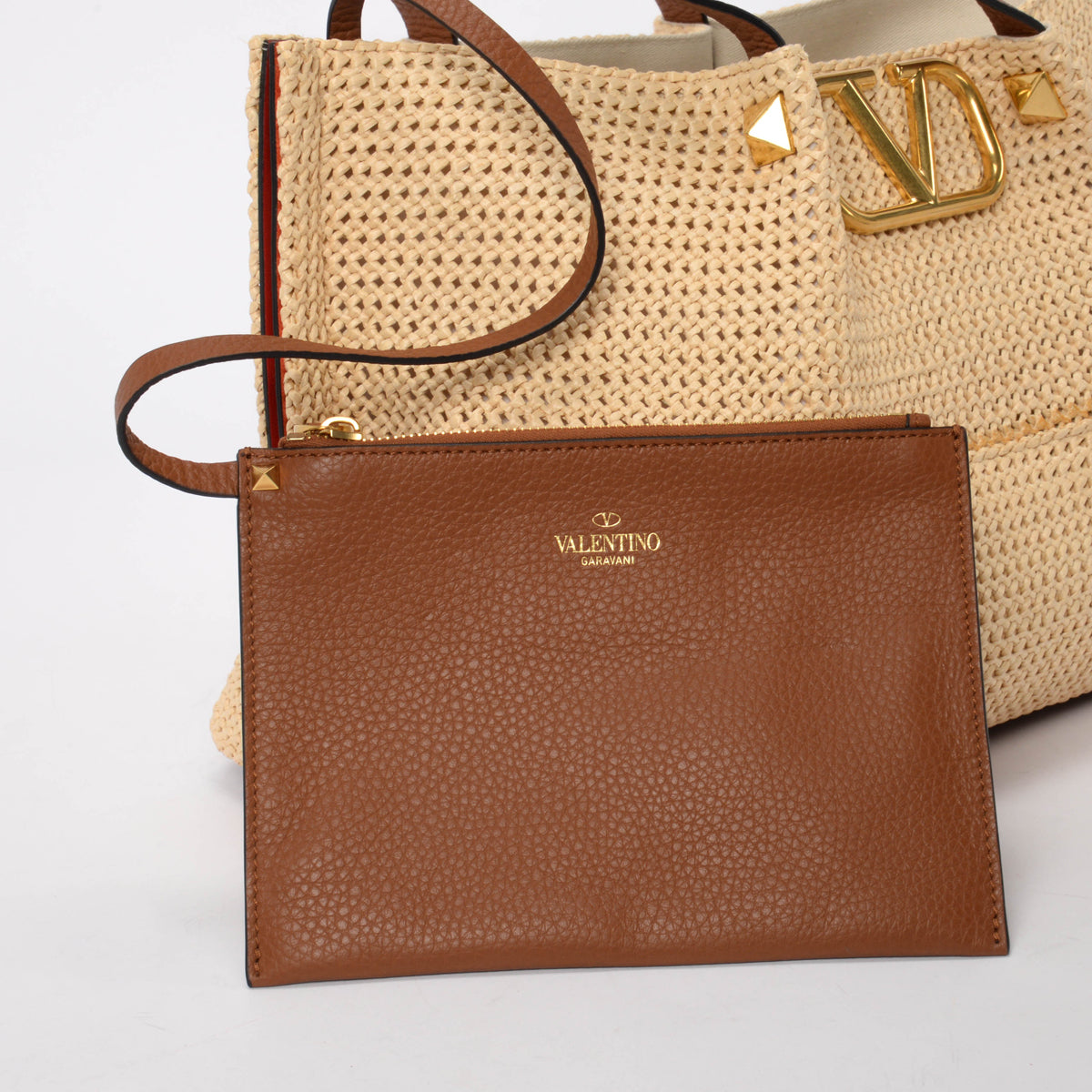 Valentino Tan Calfskin & Raffia Medium Rockstud VLogo Tote