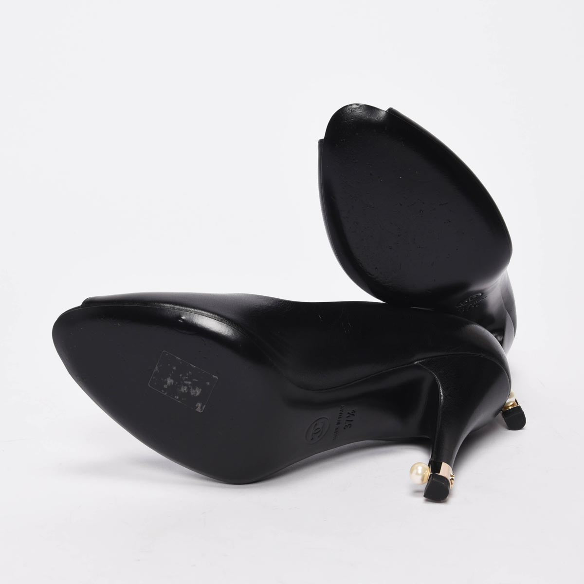 Chanel Black Lambskin Pearl Detail Peep Toe Pumps 37.5