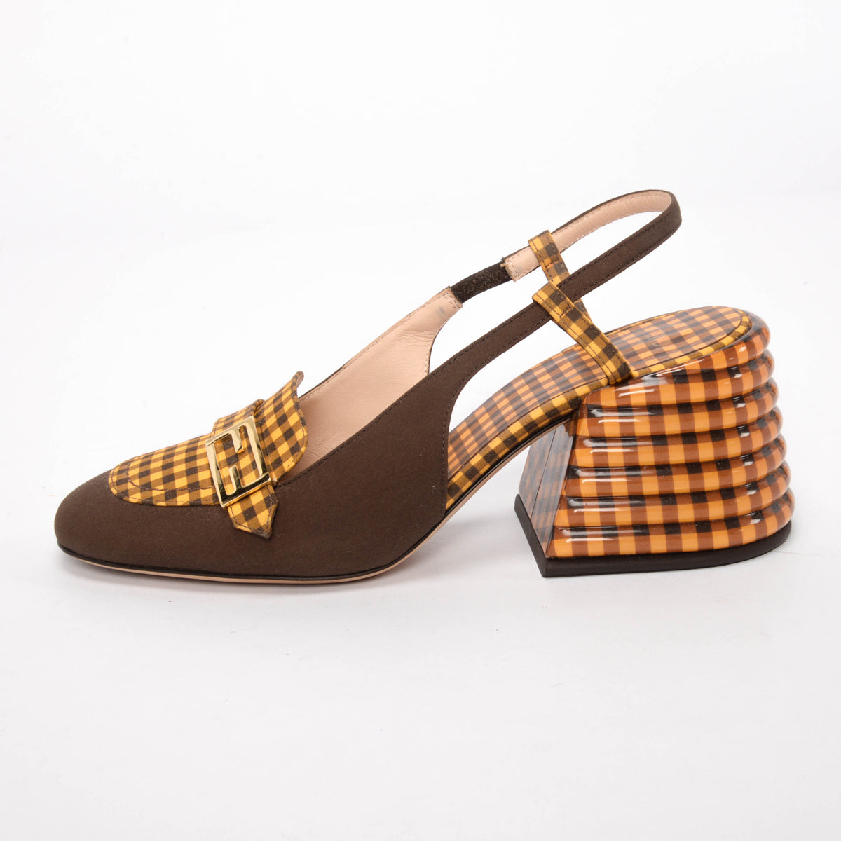 Fendi Brown & Yellow Check Promenade Slingback Loafers 36