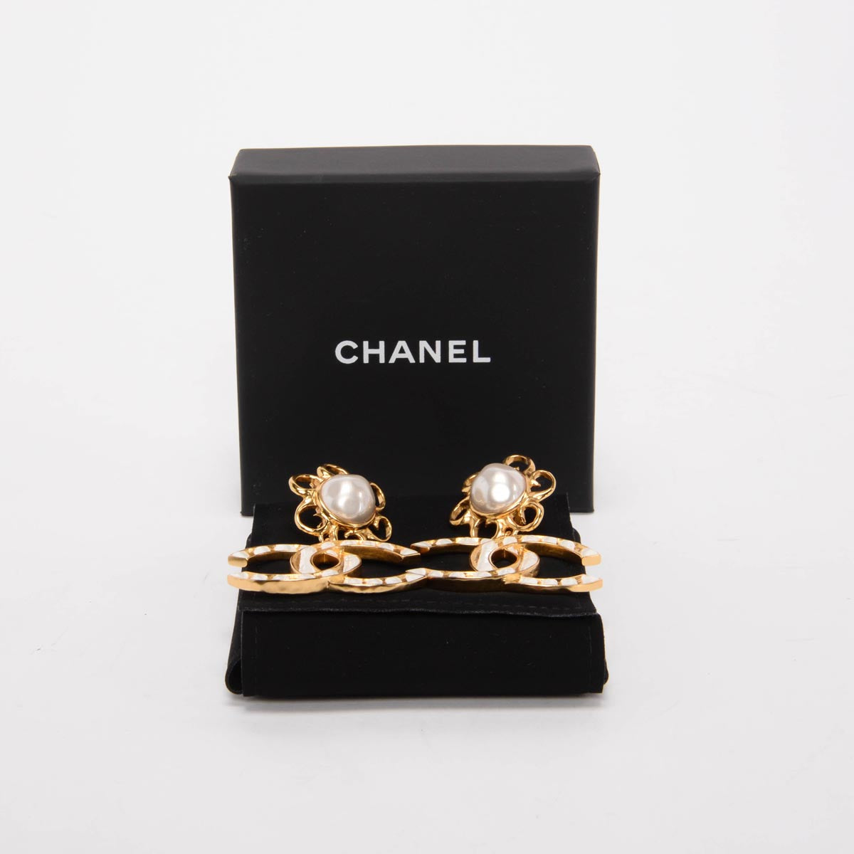 Chanel Gold & White Enamel Striped CC XL Earrings
