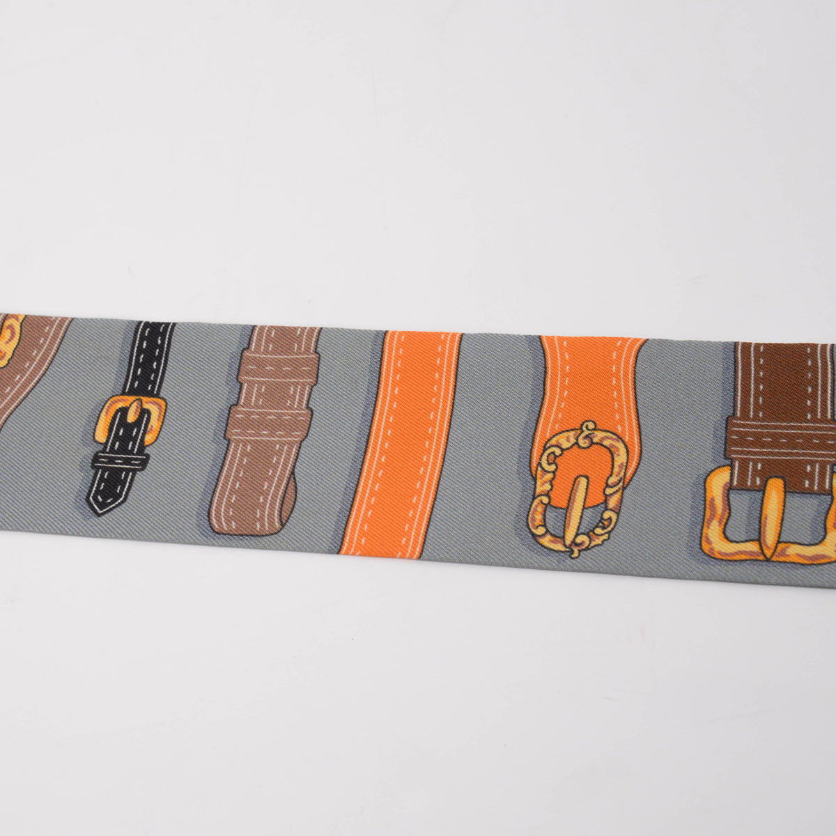 Hermes Grey Silk Harnais Des Presidents Twilly Set