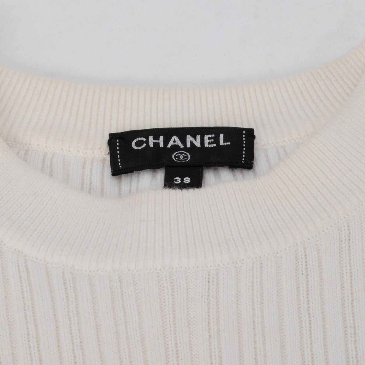 Chanel White Ribbed Cotton Logo Knit Top