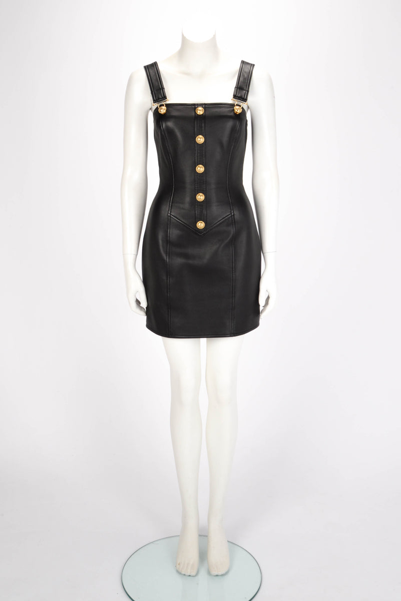 Balmain Black Lambskin Pinafore Mini Dress FR 38
