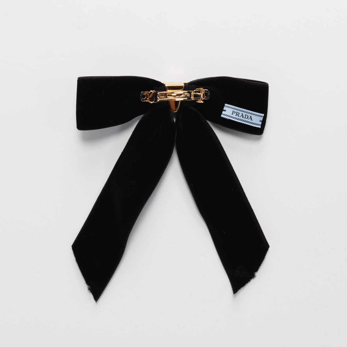Prada Black Velvet Triangle Logo Bow Hair Clip