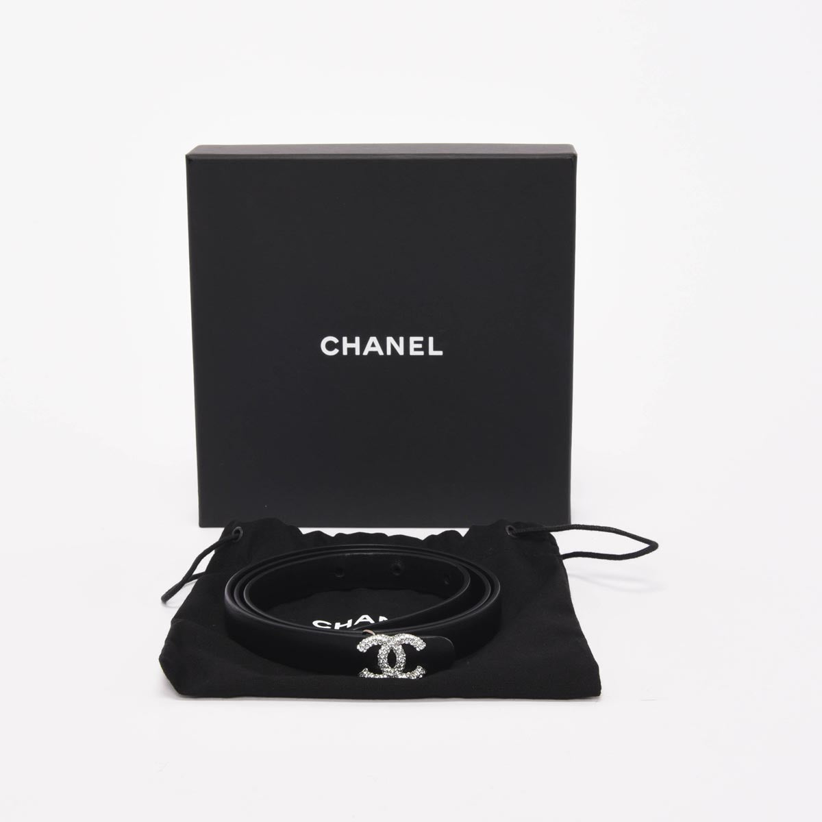 Chanel Black Lambskin Crystal CC Skinny Belt