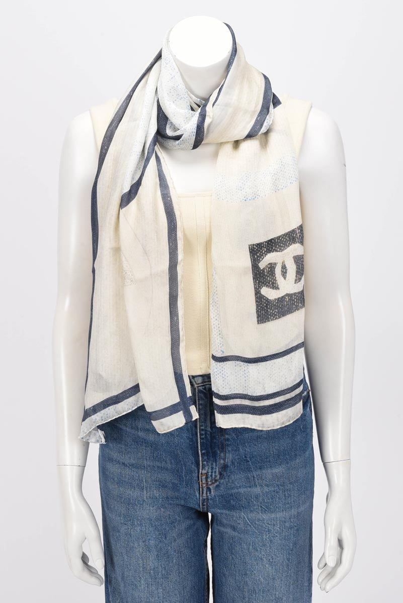 Chanel Cream & Blue Silk Chiffon CC Camellia Scarf