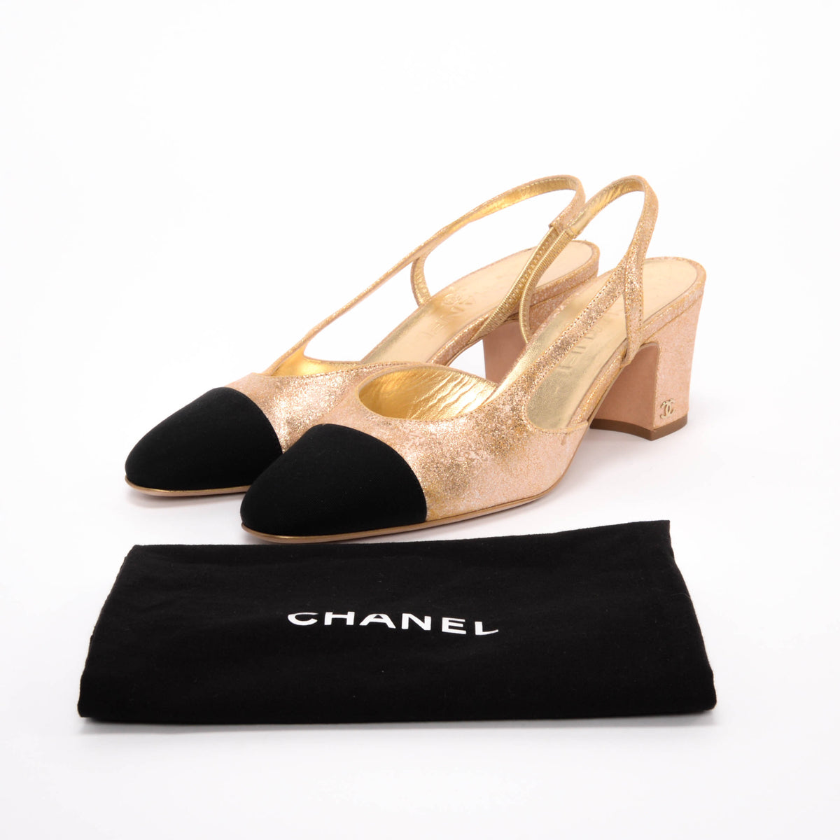 Chanel Gold & Black Calfskin Cap Toe Slingbacks 38.5