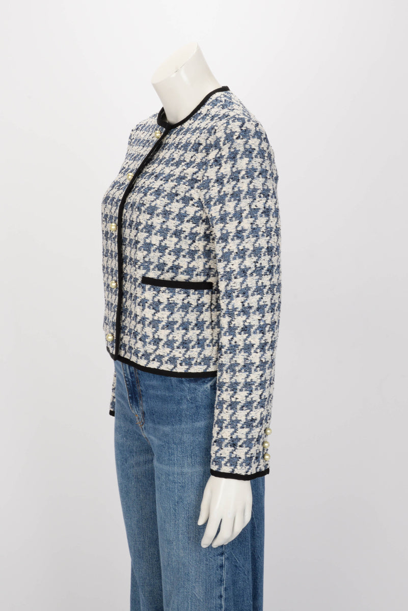 Dior Blue & White Houndstooth Tweed Cropped Jacket FR 38