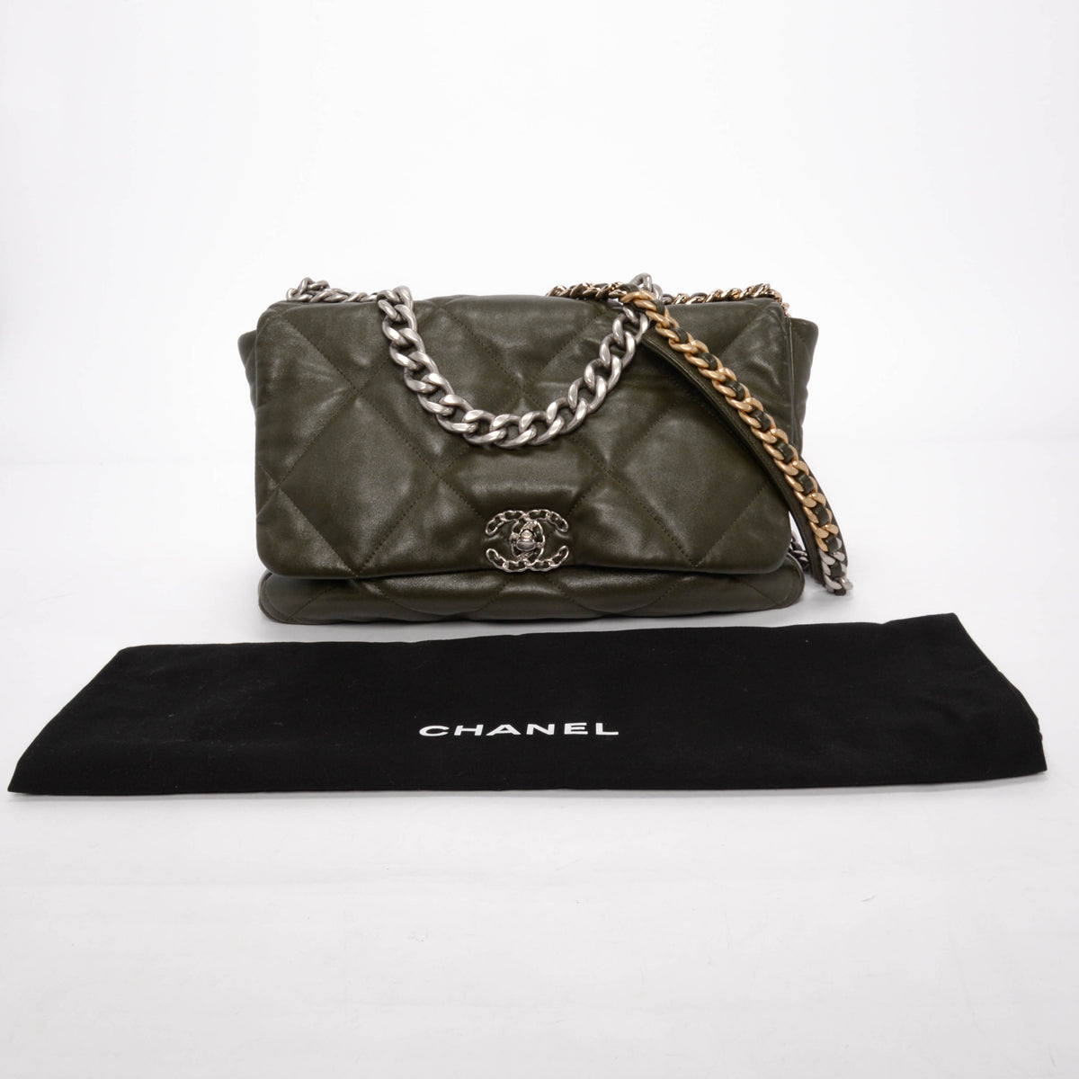 Chanel Khaki Goatskin Maxi Chanel 19 Flap Bag