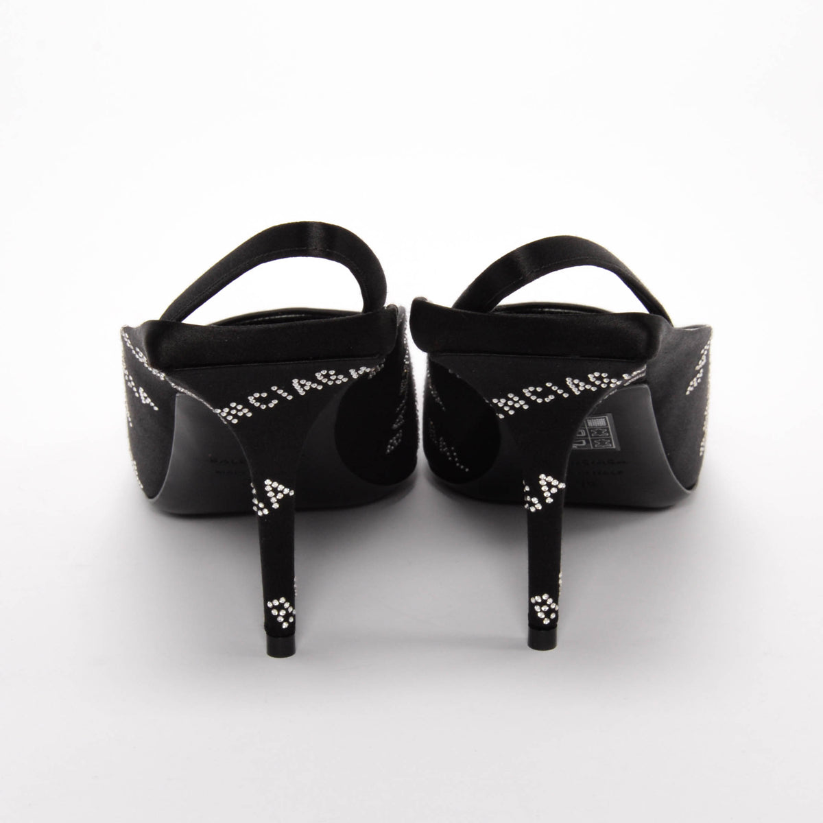 Balenciaga Black Satin Square Knife Crystal Logo Slingbacks 38
