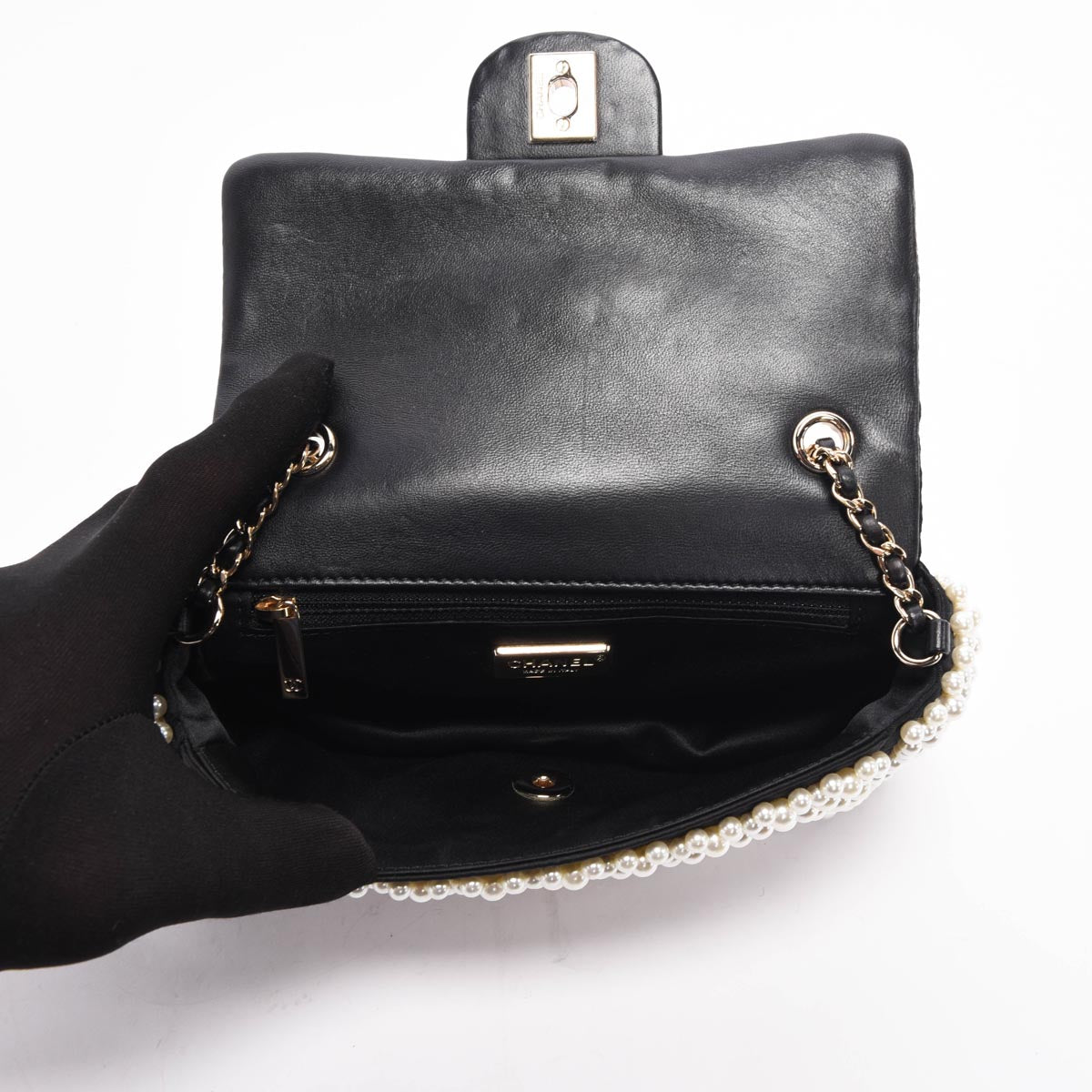 Chanel Black Satin & Lambskin Pearl On Flap Bag