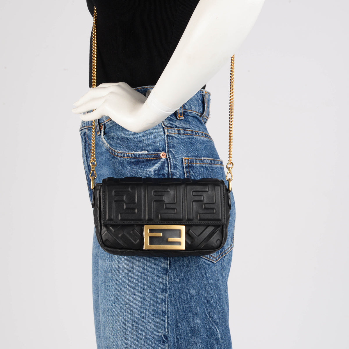 Fendi Black Nappa Leather FF Motif Mini Baguette