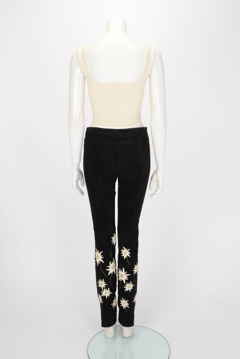 Chanel Black Suede Applique Flower Pants FR 40
