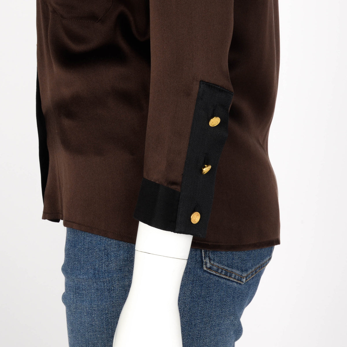 Chanel Brown Satin Tie Neck Blouse FR 38