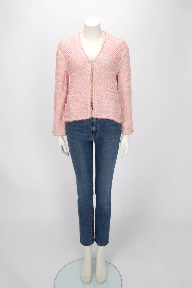 Chanel Pink Diamond Knit Braided Trim Cardigan FR 34