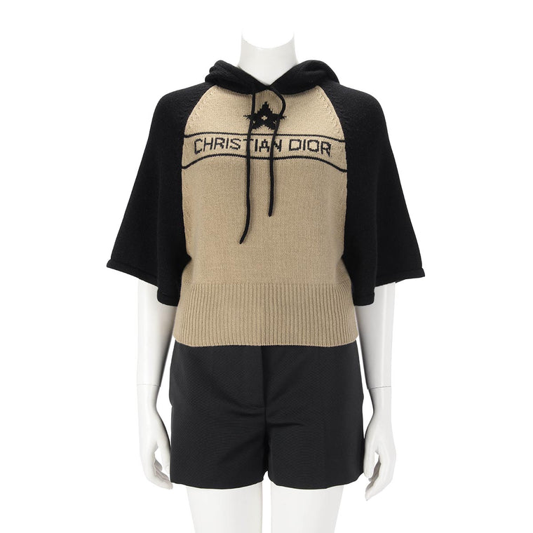 Dior Beige & Black Cashmere Hooded Crop Sweater FR 36
