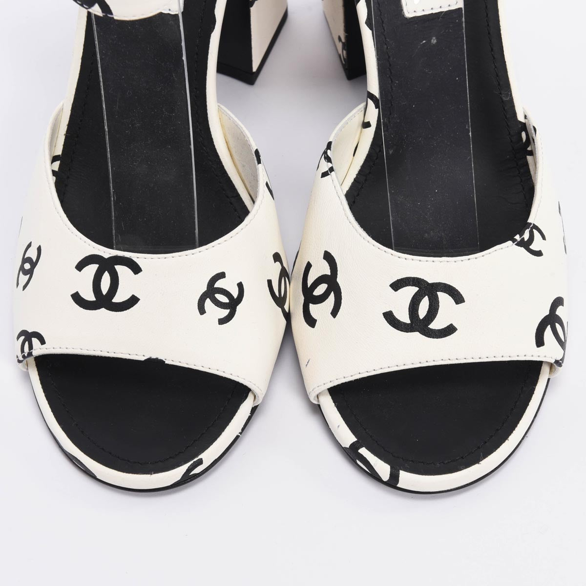Chanel White & Black Lambskin CC Printed Sandals 38.5