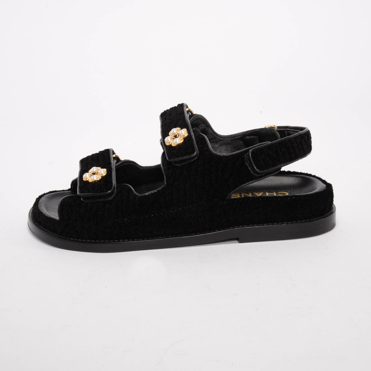 Chanel Black Tweed Gripoix CC Dad Sandals 35.5