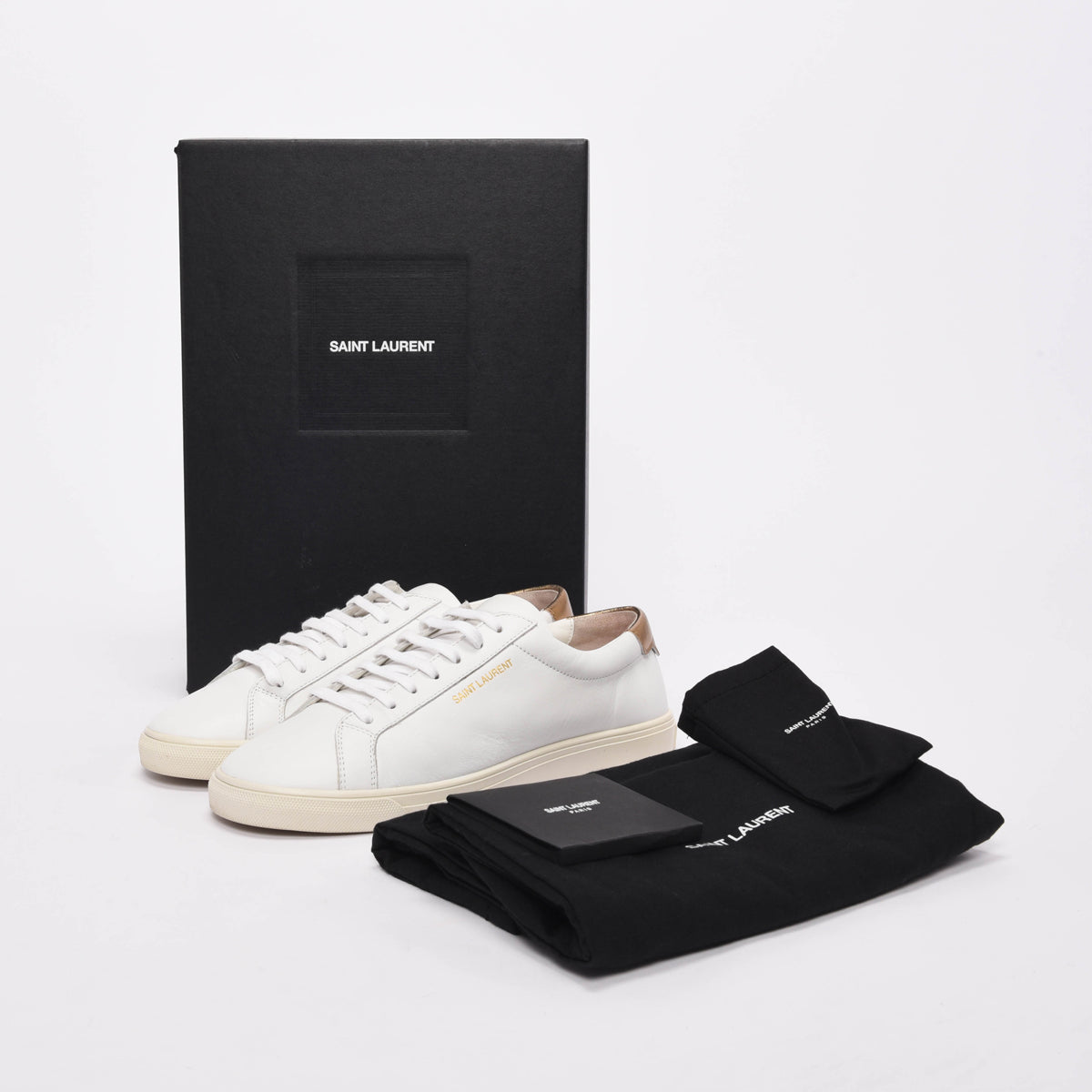 Saint Laurent White & Bronze Leather Andy Sneakers 39