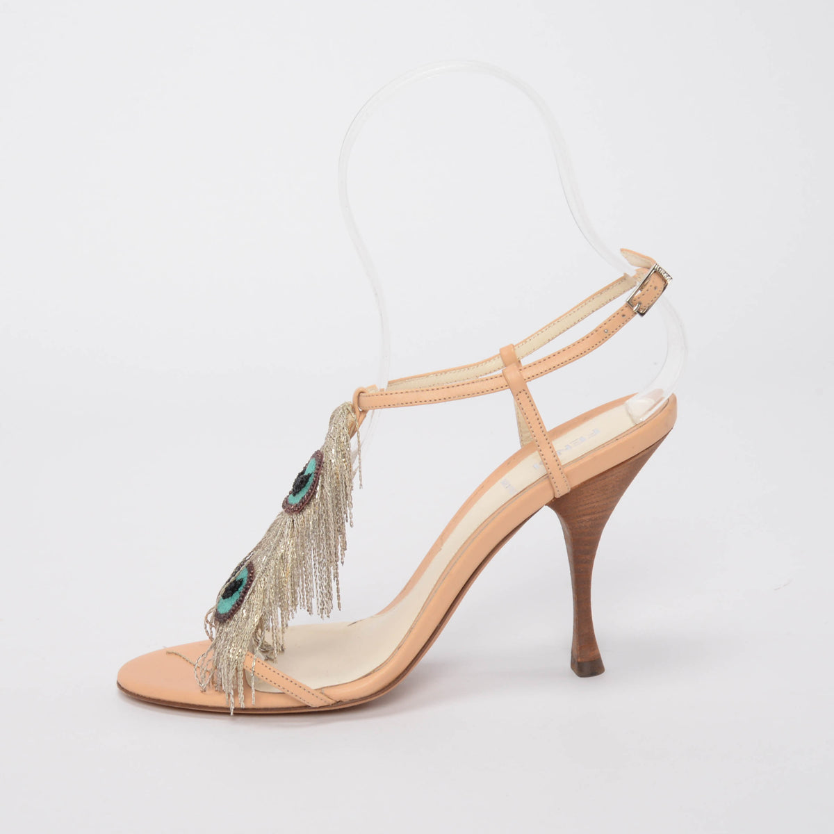 Fendi Blush Leather Embellished Peacock Fringe Sandals 38