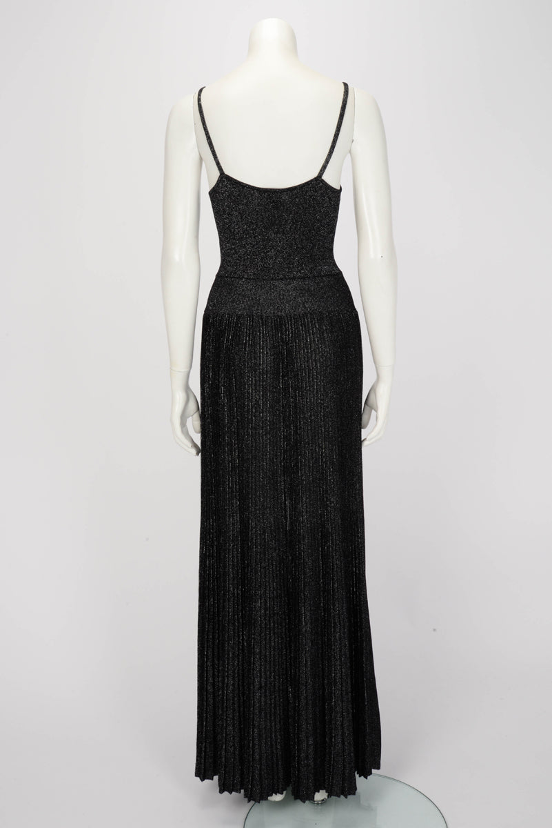Chanel Gunmetal Glitter Fabric Pleated CC Maxi Dress FR 42
