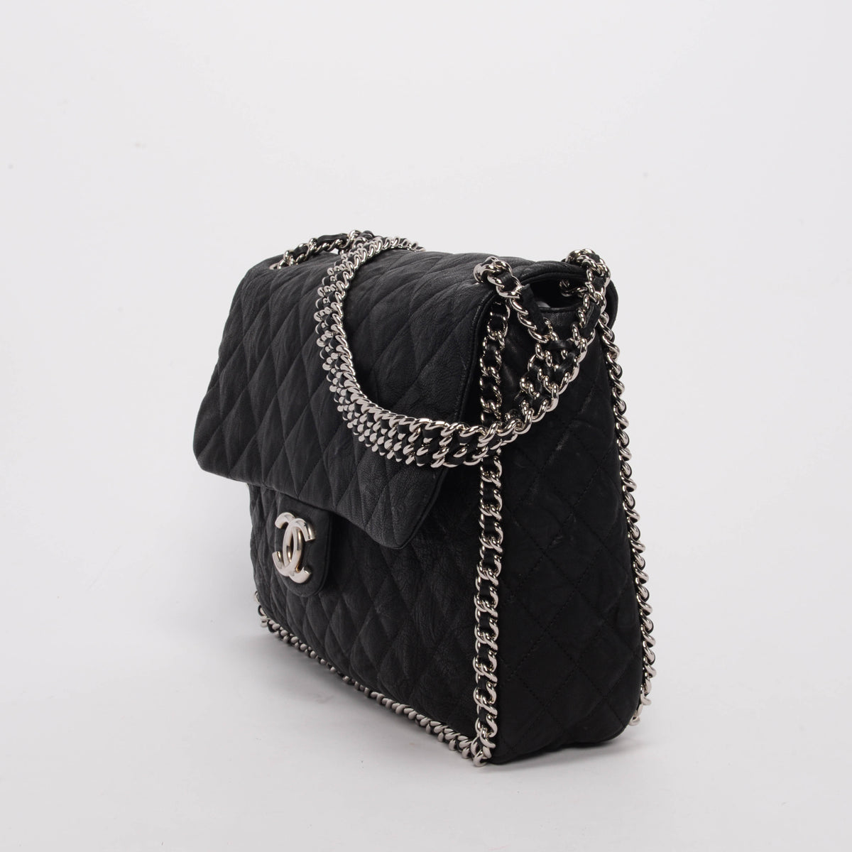 Chanel Black Washed Lambskin Maxi Chain Around Flap Bag