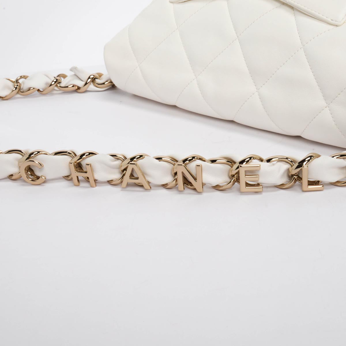 Chanel White Quilted Calfskin Large Logo Strap Bag