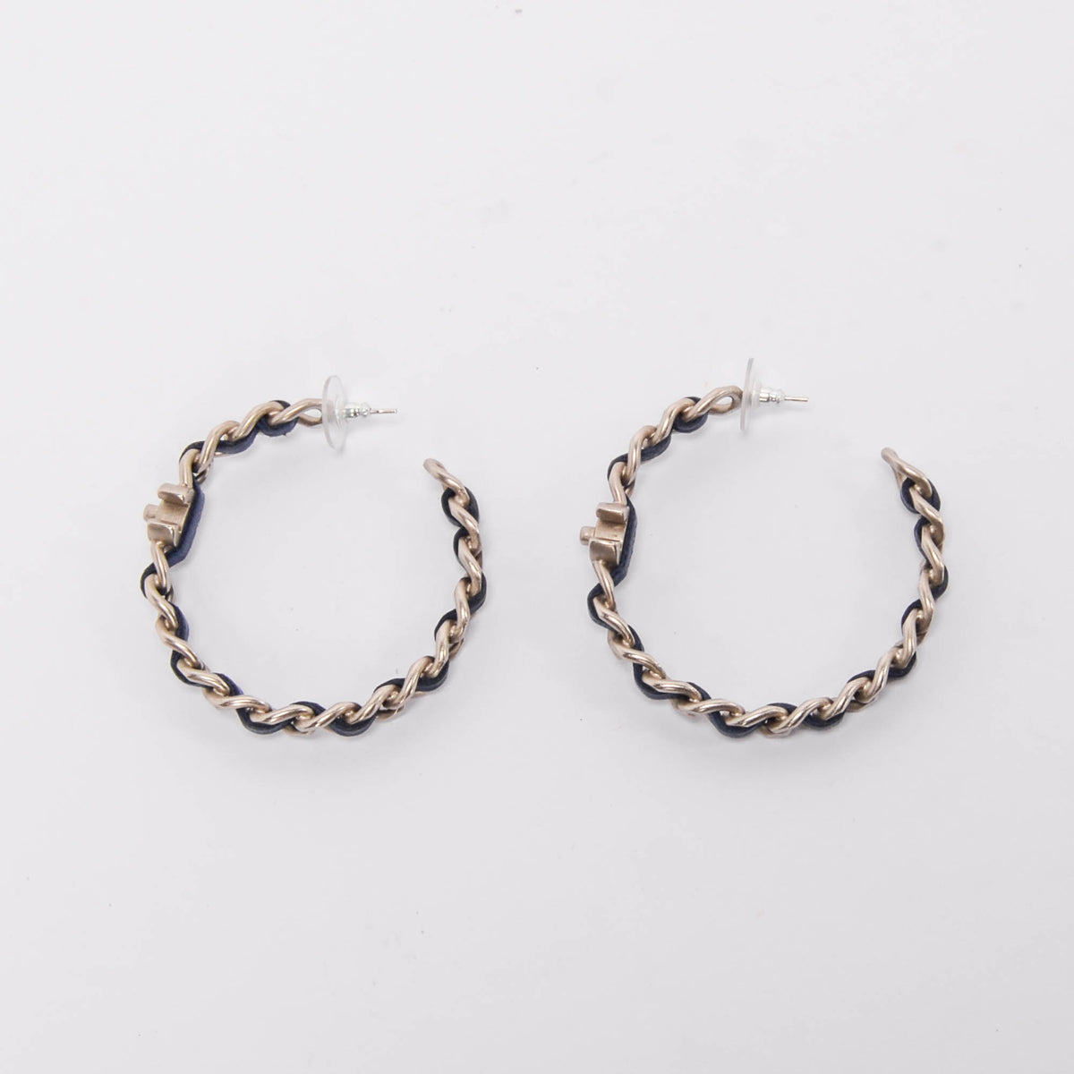 Chanel Blue Leather CC Turnlock Chain Hoop Earrings