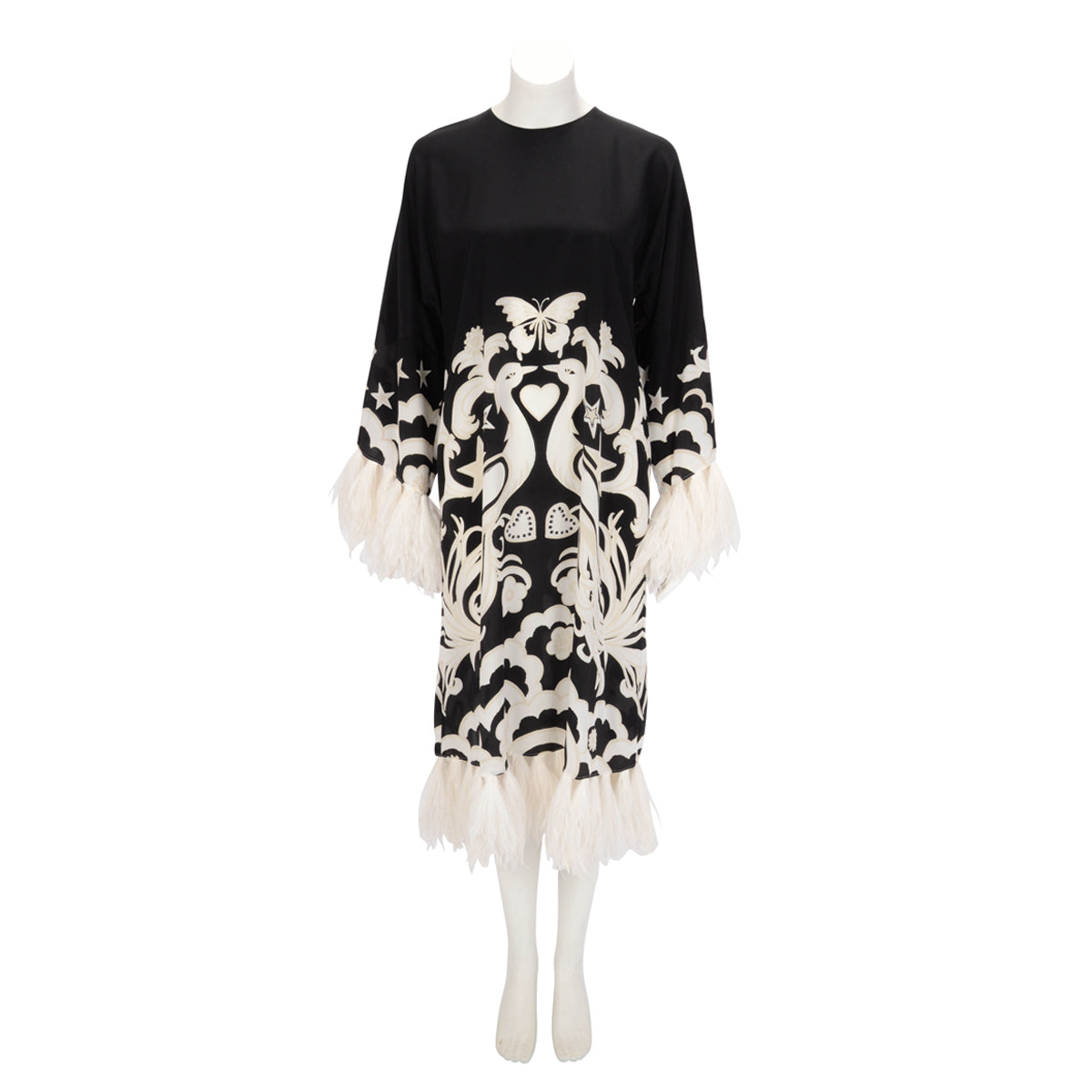 Valentino Black Silk Print Feather Trimmed Midi Dress FR 42