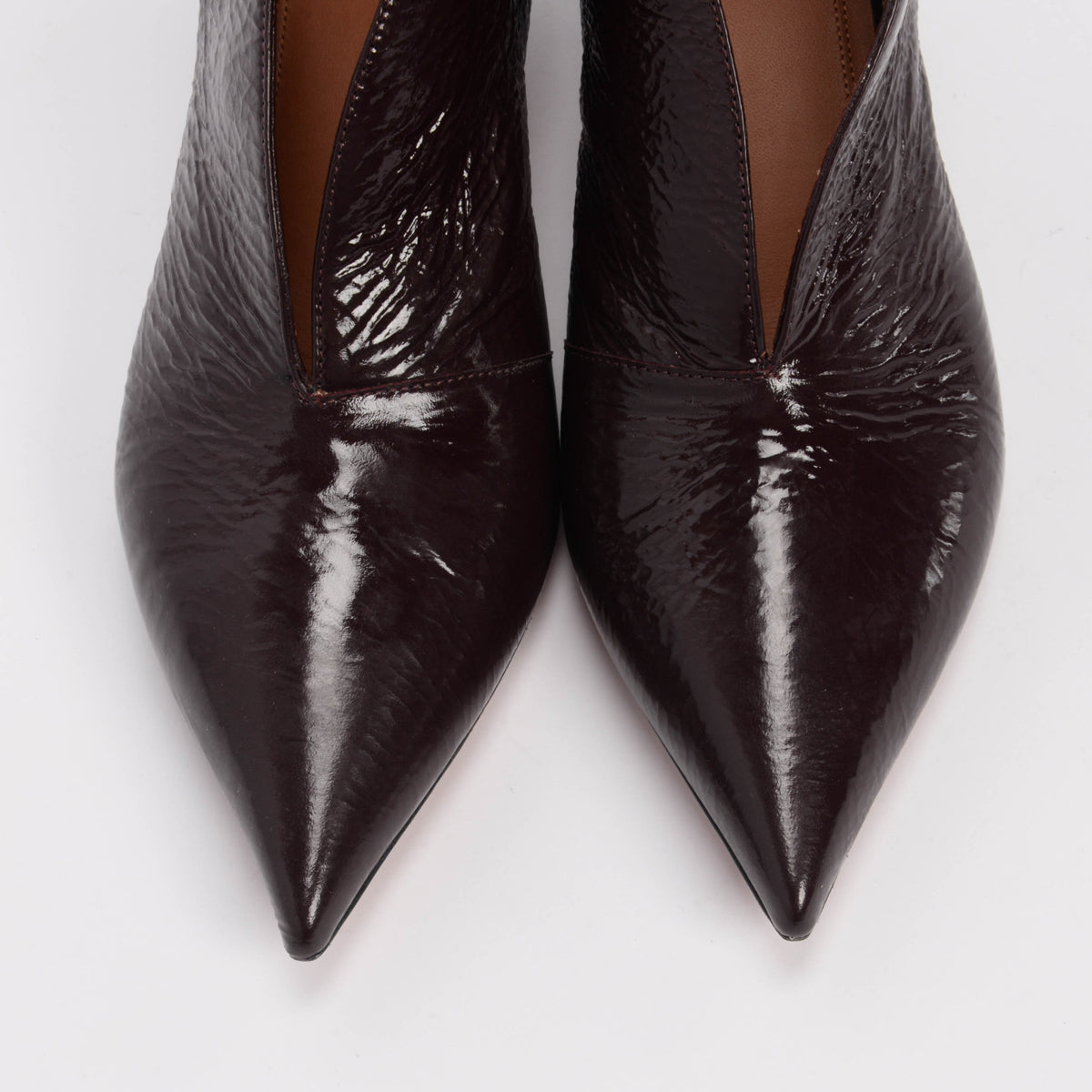 Celine Burgundy Crinkled Patent V-Neck Ankle Pumps 38