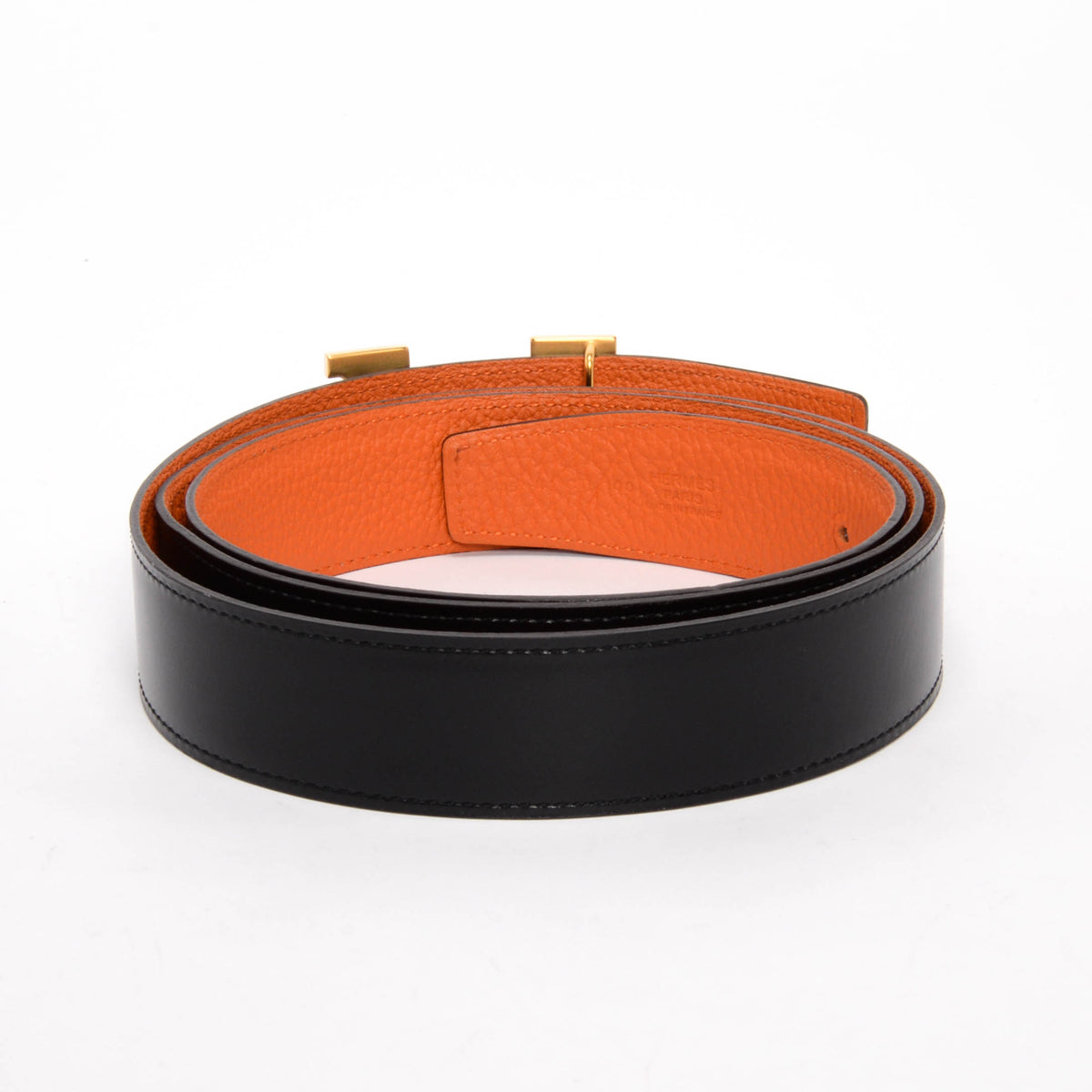 Hermes Black & Orange Box Calf & Togo Reversible H Buckle Belt