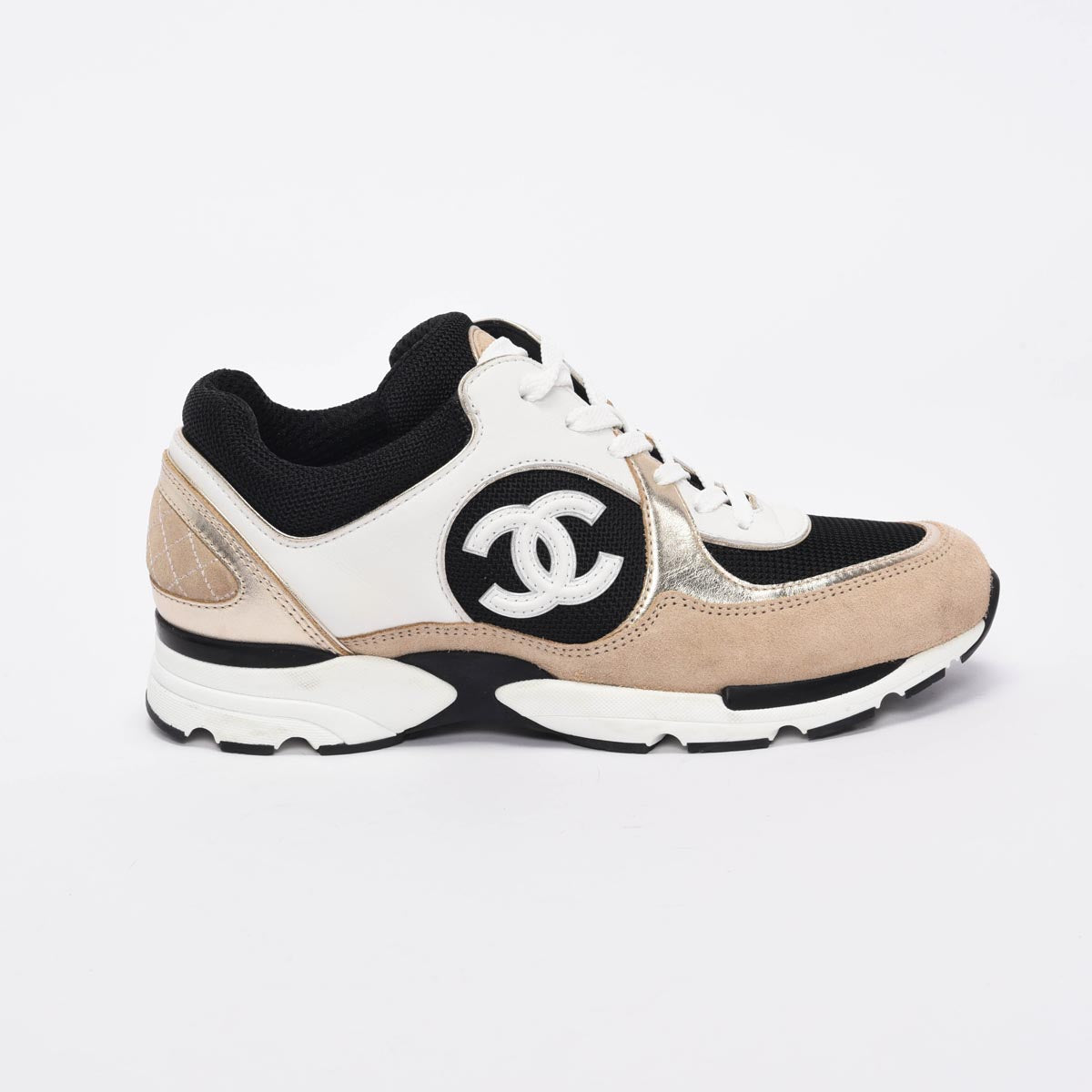 Chanel Beige & Gold Mixed Fibers CC Trainer Sneakers 37.5