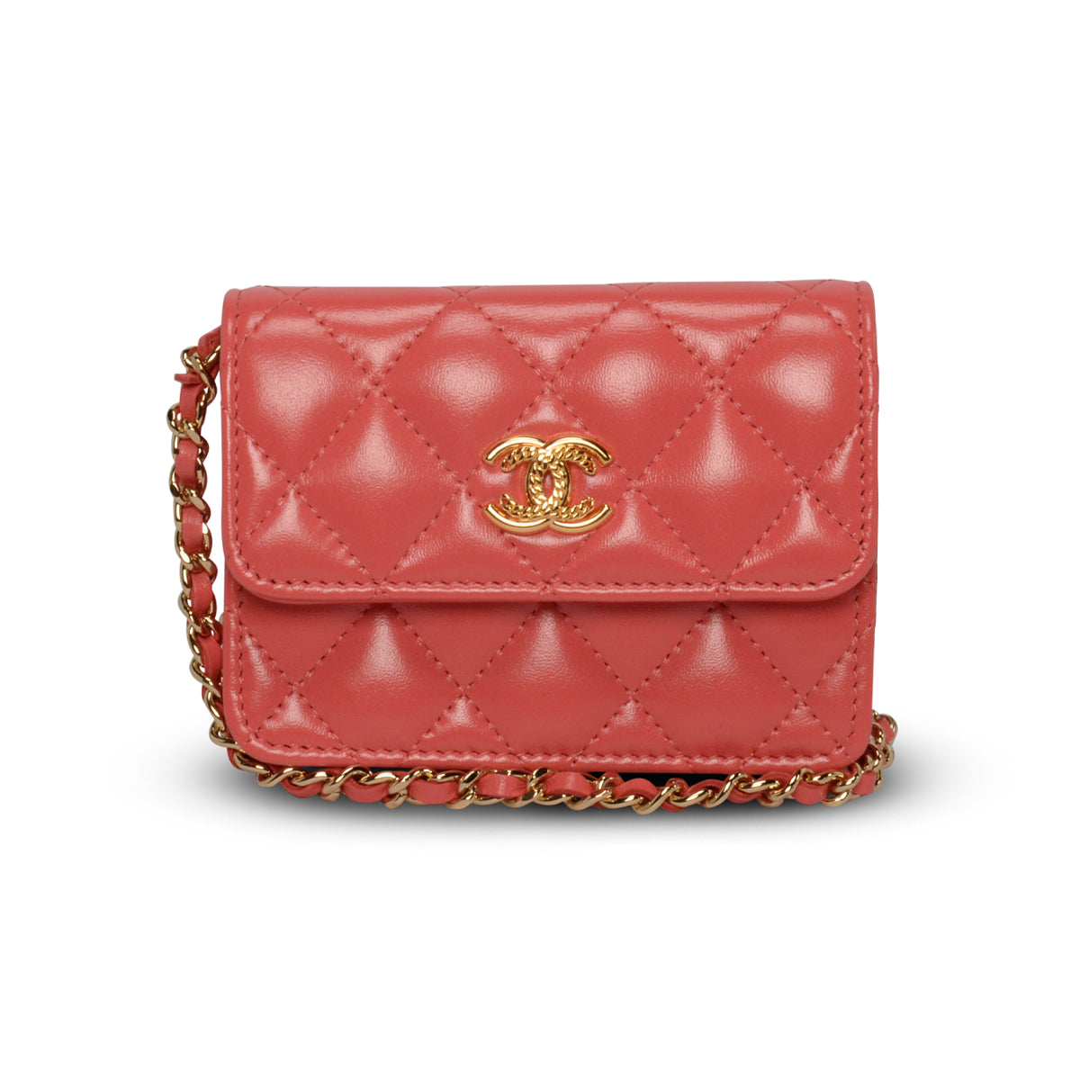 Chanel Coral Lambskin CC Clutch With Chain