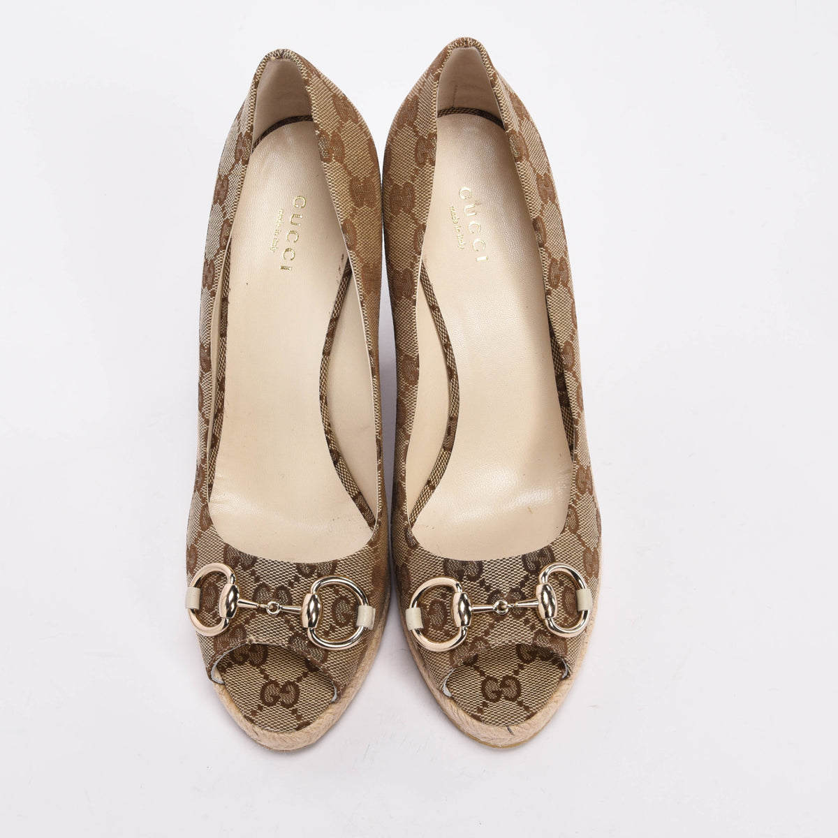 Gucci Beige GG Canvas Horsebit Espadrille Wedges