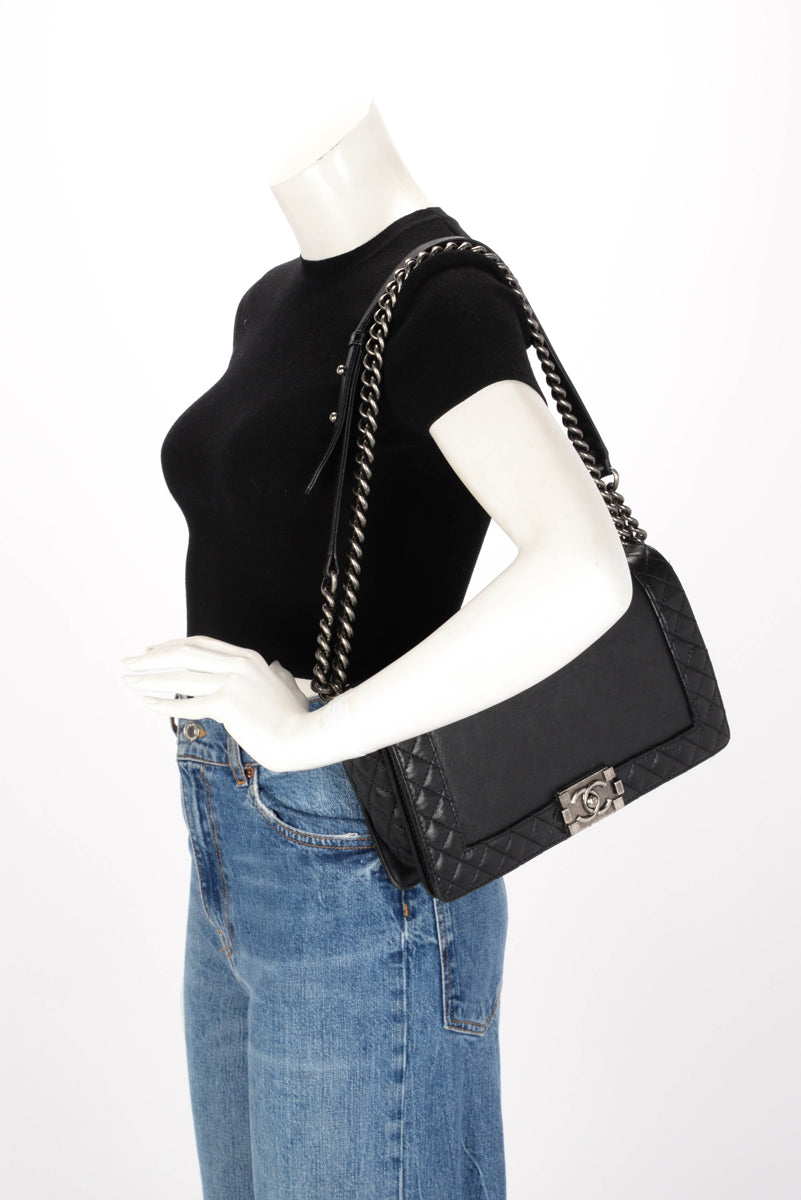 Chanel Black Calfskin Old Medium Reverso Boy Bag